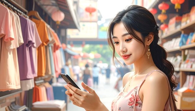 Asian woman browsing online clothing store