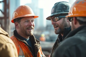 Construction workers discussing project plans on a busy construction site with diverse expertise and backgrounds