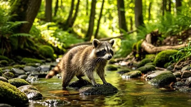 A raccoon stands in a shallow stream in a lush green forest, surrounded by moss-covered rocks and trees.