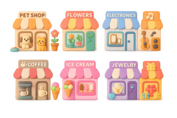 Charming 3d shop icons: pet, flowers, electronics, coffee, ice cream, jewelry