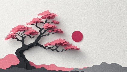 Pink paper cut bonsai tree, sun, and landscape