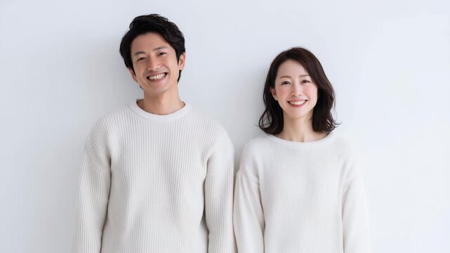 男女がカジュアル服で笑顔の腕組みで並ぶ