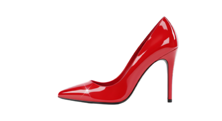 Side profile of a classic women's red stiletto pump with a glossy patent finish and a sharp pointed toe, an elegant fashion item isolated on a white background