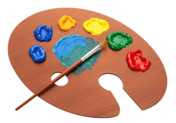 Isolated painters palette with blobs of color, paintbrush laying across paints, art supply