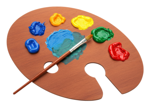 Isolated painters palette with blobs of color, paintbrush laying across paints, art supply