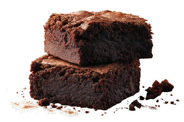 Fresh homemade chocolate brownies stacked dessert, rich fudgy baked cake squares, close up view, isolated on white background
