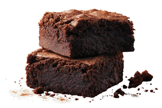 Fresh homemade chocolate brownies stacked dessert, rich fudgy baked cake squares, close up view, isolated on white background - Powered by Adobe