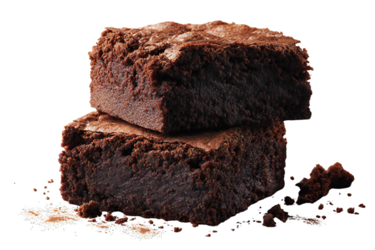 Fresh homemade chocolate brownies stacked dessert, rich fudgy baked cake squares, close up view, isolated on white background