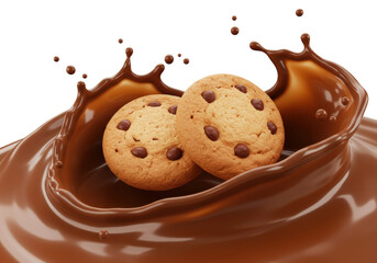 Isolated chocolate chip cookies with creamy chocolate splash, treat for snack time, delicious food