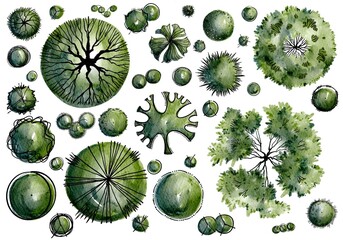 Symbols of Landscape architect plan design by watercolor hand drawn painting with brushes strokes.Colorful splashing in the paper.It's wet texture background for creative wallpaper,floral card and art