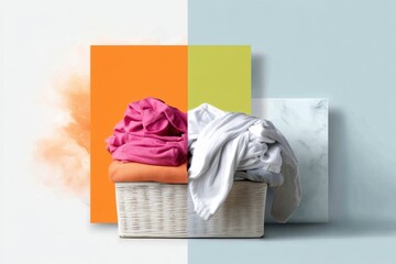 Colorful collage showcasing a laundry mishap alongside neatly cleaned clothes for a fun cleaning theme