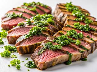 Grilled marinated juicy flank steak sliced neatly, topped with fresh herbs and chimichurri sauce on white background. Suitable for marketing or business purposes