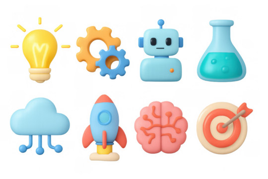 Colorful 3d icons set featuring technology, science, and innovation concepts