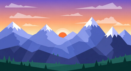 Naklejka premium Mountain landscape vector illustration with sunset background for travel and nature related designs