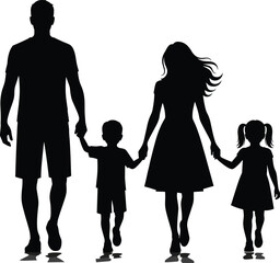 Family walking together silhouette, parents and children holding hands, unity, love, togetherness, black vector illustration, outdoor scene, happy family moment