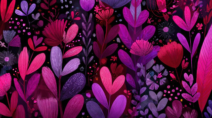 Pink, crimson, and purple doodles on a dark background make up this smooth looping cartoon flower animated wallpaper. bright, colorful, and playful abstract design. Motion of spin