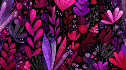 Pink, crimson, and purple doodles on a dark background make up this smooth looping cartoon flower animated wallpaper. bright, colorful, and playful abstract design. Motion of spin