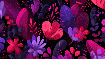 Pink, crimson, and purple doodles on a dark background make up this smooth looping cartoon flower animated wallpaper. bright, colorful, and playful abstract design. Motion of spin