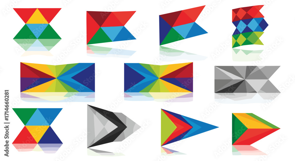 Poster various colorful geometric shapes arranged in a grid with reflections
