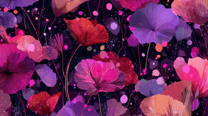 Pink, crimson, and purple doodles on a dark background make up this smooth looping cartoon flower animated wallpaper. bright, colorful, and playful abstract design. Motion of spin