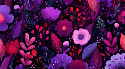 Pink, crimson, and purple doodles on a dark background make up this smooth looping cartoon flower animated wallpaper. bright, colorful, and playful abstract design. Motion of spin
