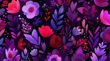 Pink, crimson, and purple doodles on a dark background make up this smooth looping cartoon flower animated wallpaper. bright, colorful, and playful abstract design. Motion of spin