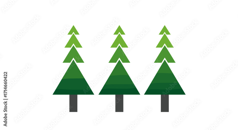 Poster Three stylized green pine trees with brown trunks in a row on white background