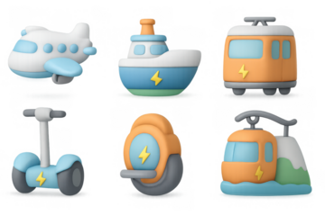 3d cartoon electric vehicles: airplane, ship, train, scooter, unicycle, tram