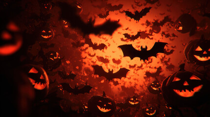 Stop-motion animation, Halloween abstract terrifying horror background featuring various-sized pumpkins and bats