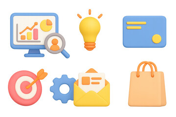 Business and marketing 3d icons collection featuring charts, target, and shopping bag