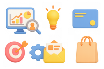 Business and marketing 3d icons collection featuring charts, target, and shopping bag