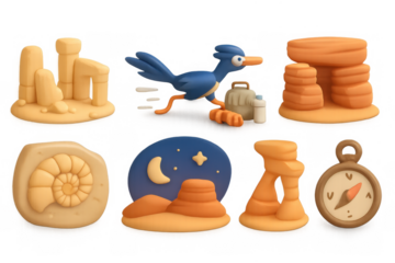 Desert adventure icons in 3d clay style featuring roadrunner and landmarks