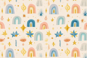 retro holiday christmas pattern with geometric stars bells and arches in powder blue buttercream yellow and pastel peach tones minimal airy design on pale background