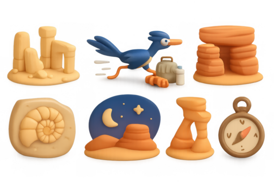 Desert adventure icons in 3d clay style featuring roadrunner and landmarks