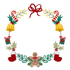 Christmas wreath frame with bow, bells, candy canes, stockings, gifts, gingerbread man, and festive decorations, holiday illustration