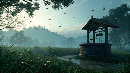 A tranquil scene featuring a stone well with birds flying above a lush green landscape on a misty day