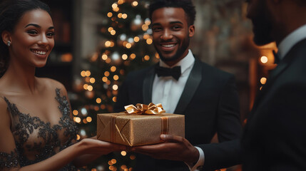 team of coworkers in formal clothing exchanging gifts near christmas tree elegant holiday interior festive celebration cheerful workplace corporate christmas stock photo
