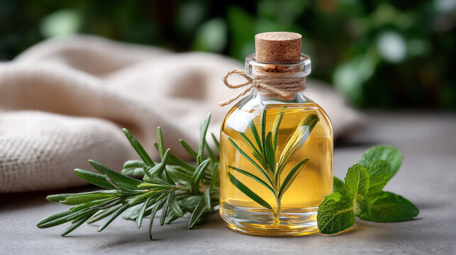 Scalp massage in mental wellness program uses herbal oil with rosemary and mint for relaxation and stress relief