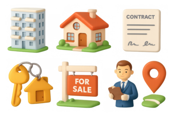 Real estate icons set with agent, house, contract, and keys in 3d style