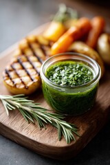 Colorful jar of chimichurri sauce served with grilled vegetables on wooden surface