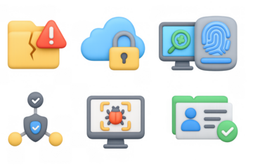 Cybersecurity 3d icons set: protect, scan, authenticate, cloud, folder alert