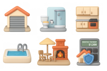 Cute 3d home essentials collection: garage, kitchen, bathroom, pool, fireplace, calculator