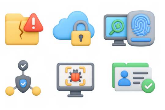 Cybersecurity 3d icons set: protect, scan, authenticate, cloud, folder alert