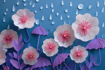 Pastel flowers, paper umbrellas, rain drops on a teal background