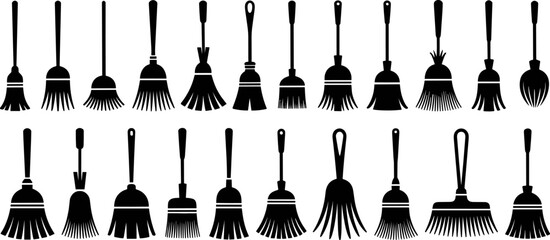 Broom Silhouettes: An array of unique broom silhouettes showcases a variety of styles and shapes, suitable for cleaning.