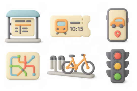Urban transportation icons in modern 3d style for apps and maps
