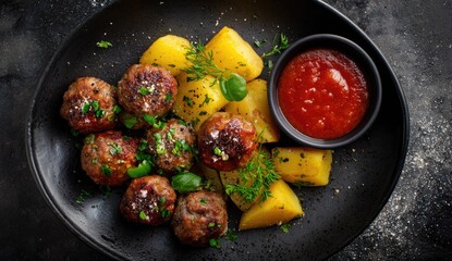 Roasted meatballs and potatoes with tomato sauce on a dark plate