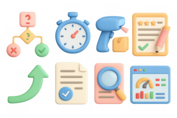 Colorful 3d business icon set with checklist, stopwatch, and growth chart