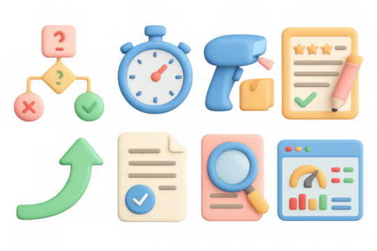 Colorful 3d business icon set with checklist, stopwatch, and growth chart