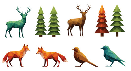 Obraz premium Geometric animal and tree collection including deer fox and birds artful